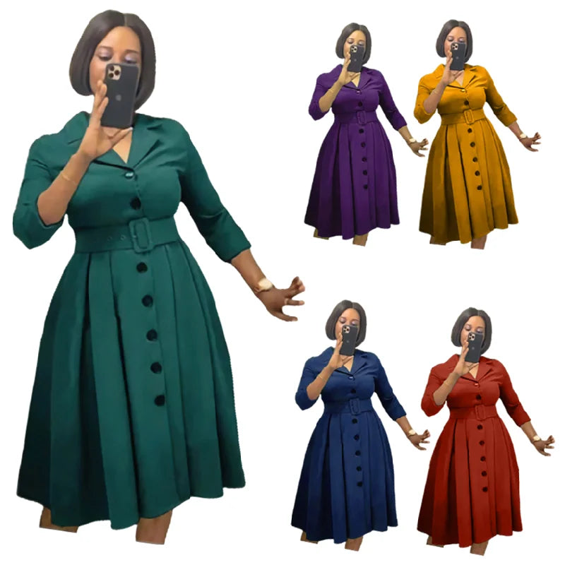 6357# Trendy Career Dresses Women Casual Single Breasted V-Neck Lapel A-Line Plus Size Office Lady Dress for Women With Belt