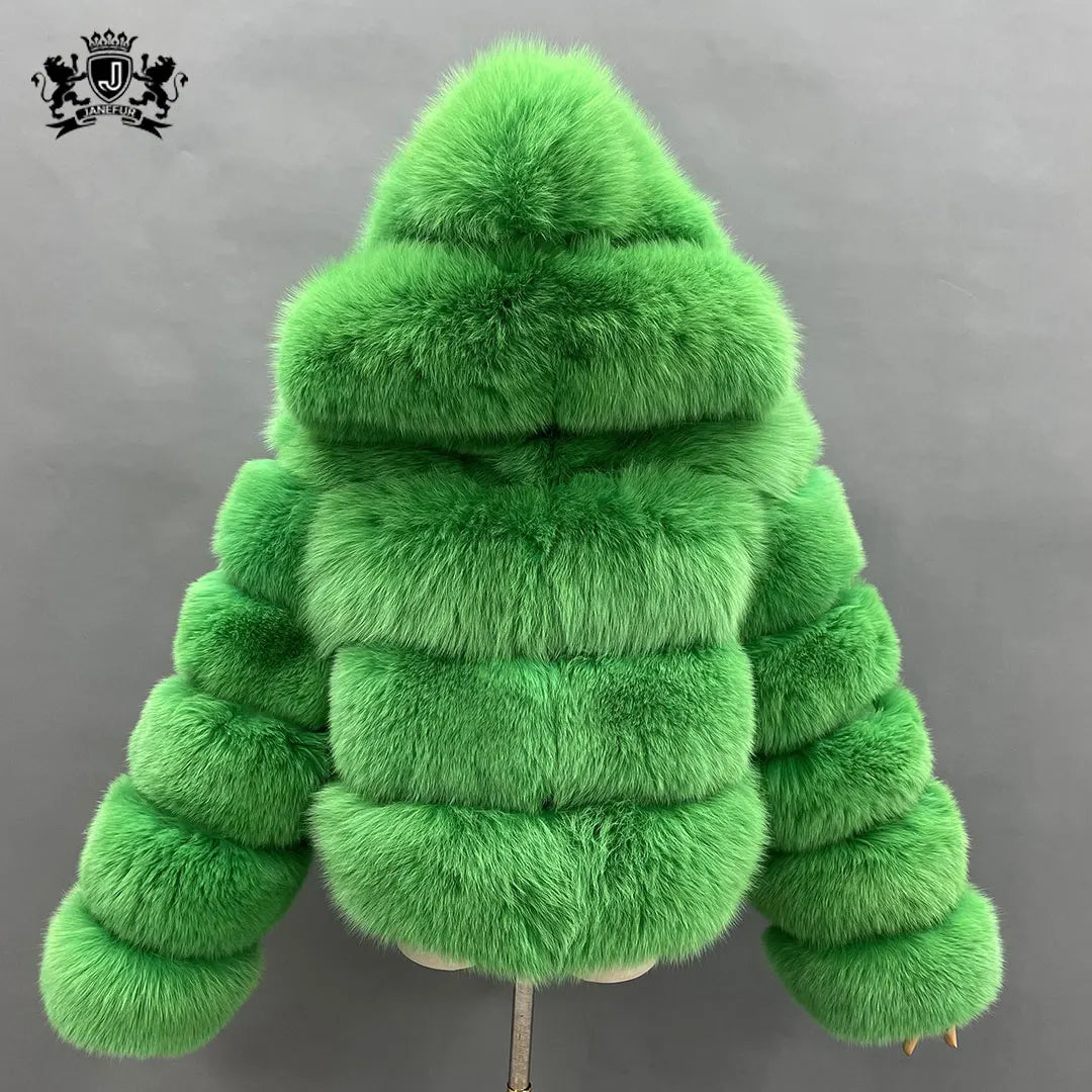 Janefur Custom Style Long Sleeves Fur Jacket Quality Women Green Fox Fur Coats With Hood