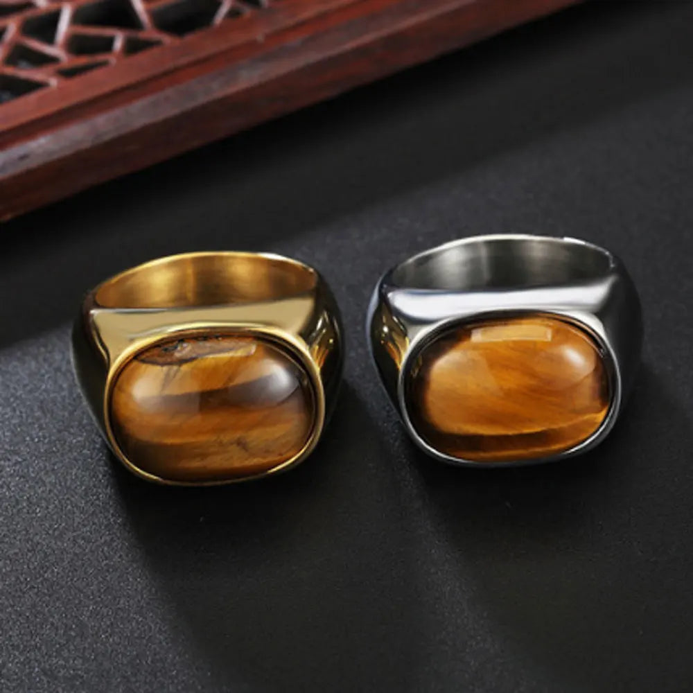 Fashion Stainless Steel Crystal Healing tiger Eye Stone Ring Gold Silver for Men Jewelry