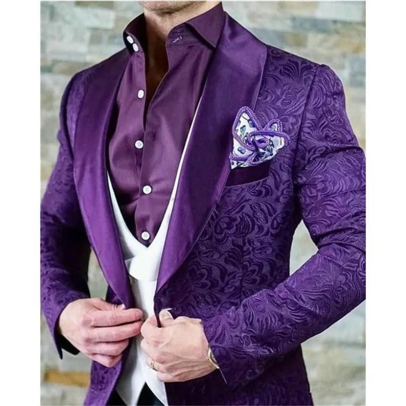 Purple Navy Checkered Design Groomsmen Shawl Lapel Groom Tuxedos Men Suits Wedding Best Man Blazer ( Jacket+Pants+Vest)