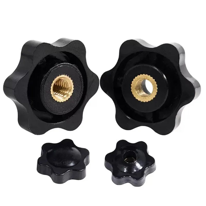 M5 M6 M8 M10 Star Knob Clamping Handle Nut Through Hole Set Brass Female Threaded Handle Screw on Knob Grip Black Plastic