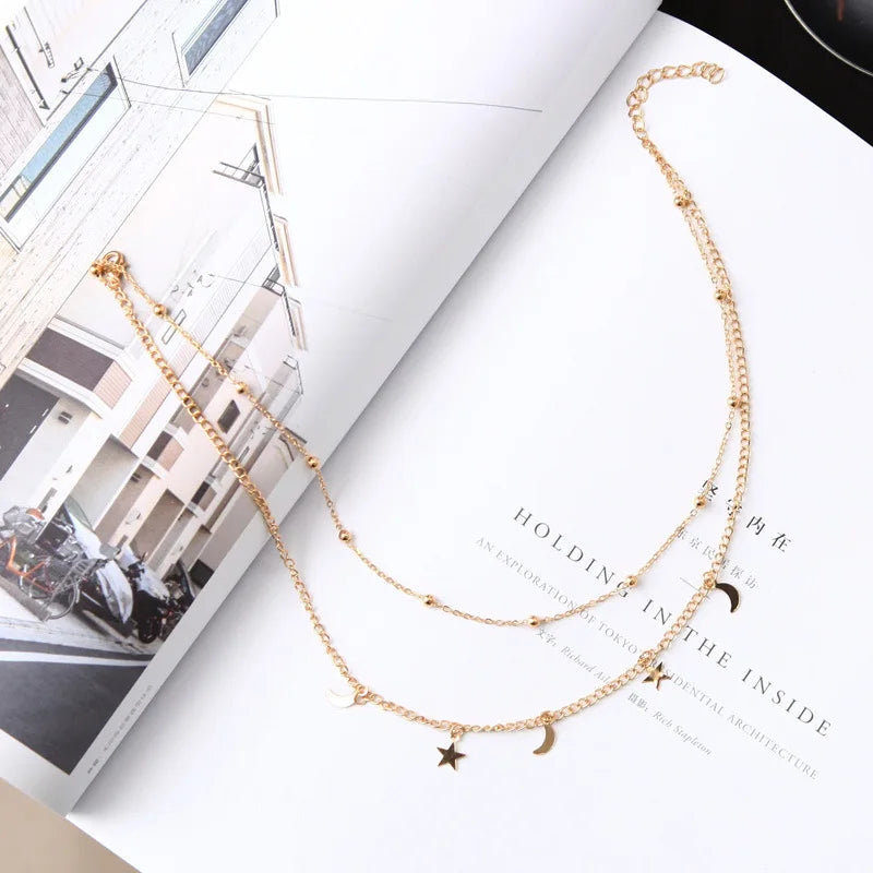 New Gold Color Moon Star Necklace Double Layer Beads Tassel Clavicle Chain Choker for Women Romantic Boho Jewelry