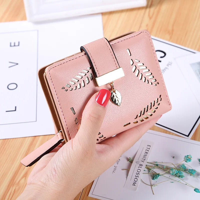 New Fashion Korean PU Leather Zipper Buckle Hollow Leaf Credit Card Holder for Women