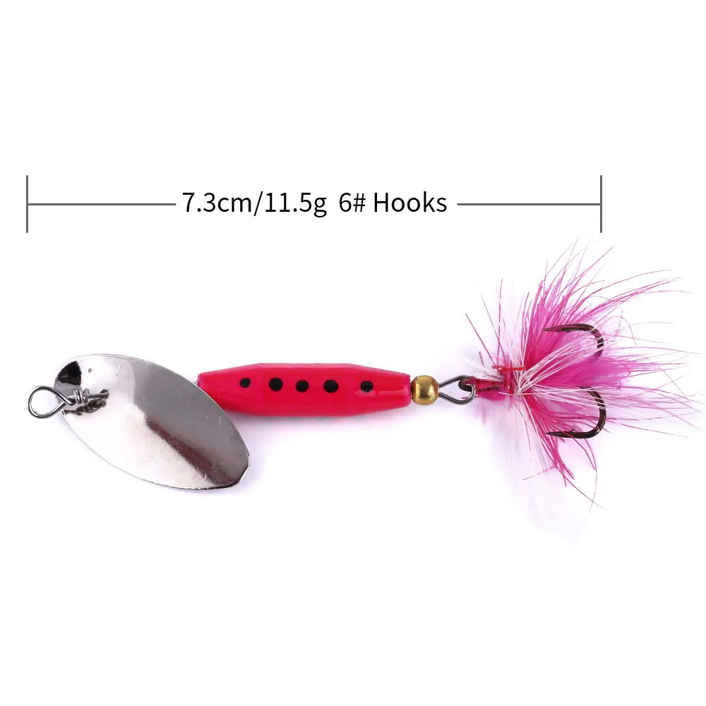 7.3CM 11.5G Factory Price Pike Diving Lure with Treble Hook Feather Tail Brass Metal Spoon Fishing Lure
