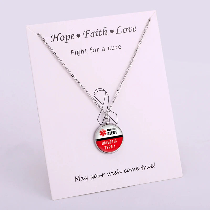 Medical Alert Diabetic Type 1 Type 2 Diabetes Awareness Ribbon Design Necklace Stainless Steel Base Crystal Pendant Necklace