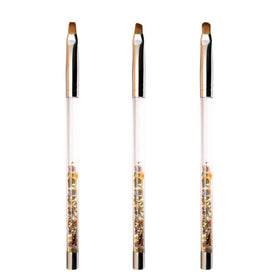 3pcs Gold Acrylic Sequin Oil Handle Gel Nail Brush Set Custom Logo Nylon Oval Flat Oblique Brush for Professional UV Manicure