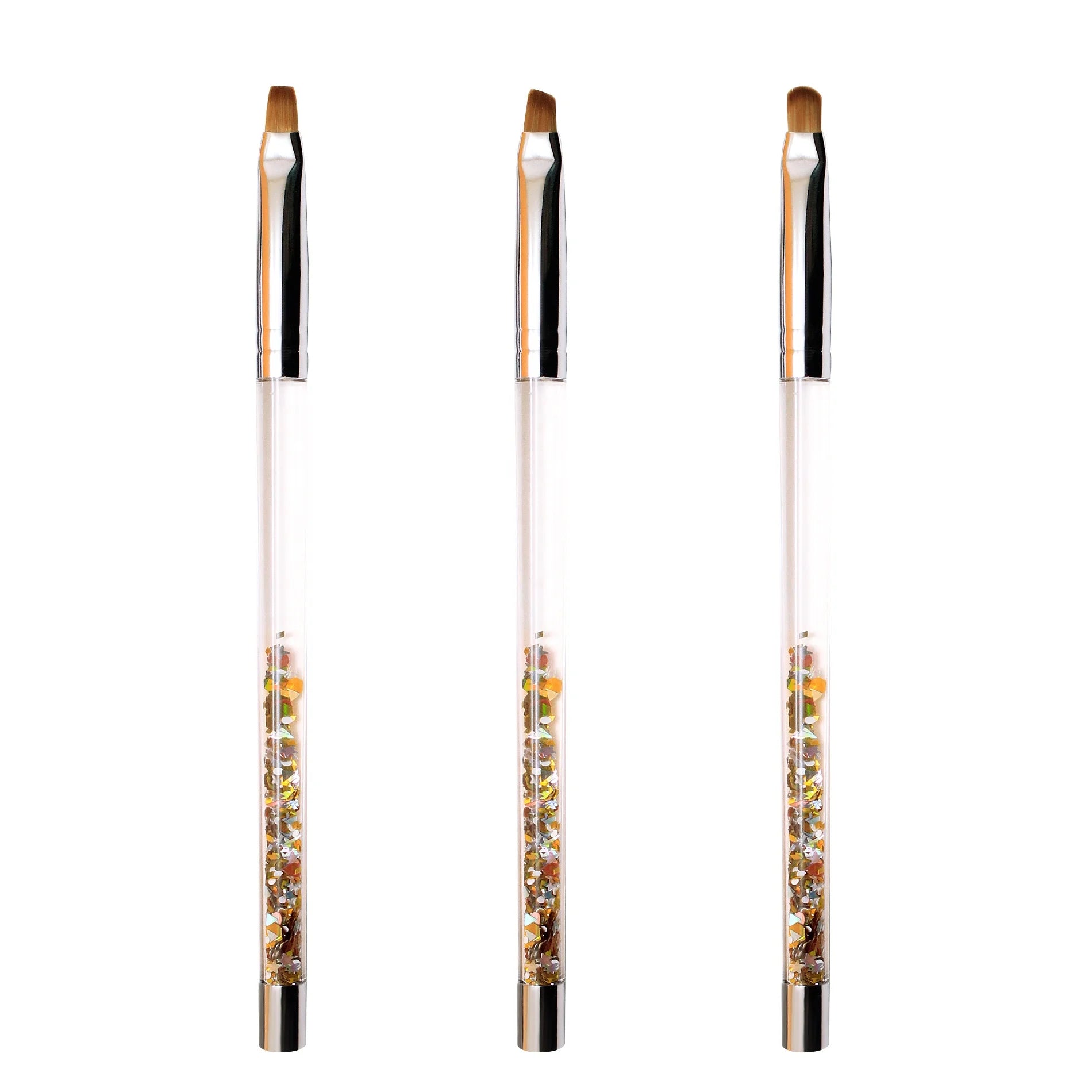 3pcs Gold Acrylic Sequin Oil Handle Gel Nail Brush Set Custom Logo Nylon Oval Flat Oblique Brush for Professional UV Manicure