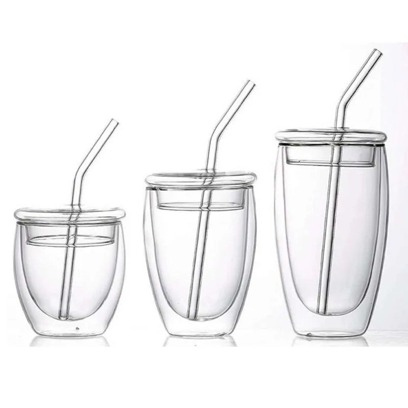 Glass Tea Cup Heat Resistant Double Layer Tumbler Borosilicate Glass Mug with Bamboo Lid and Straw
