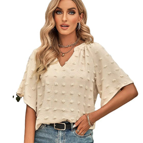 European and American Spring/Summer New Women's Casual Style V-Neck Solid Ball Top