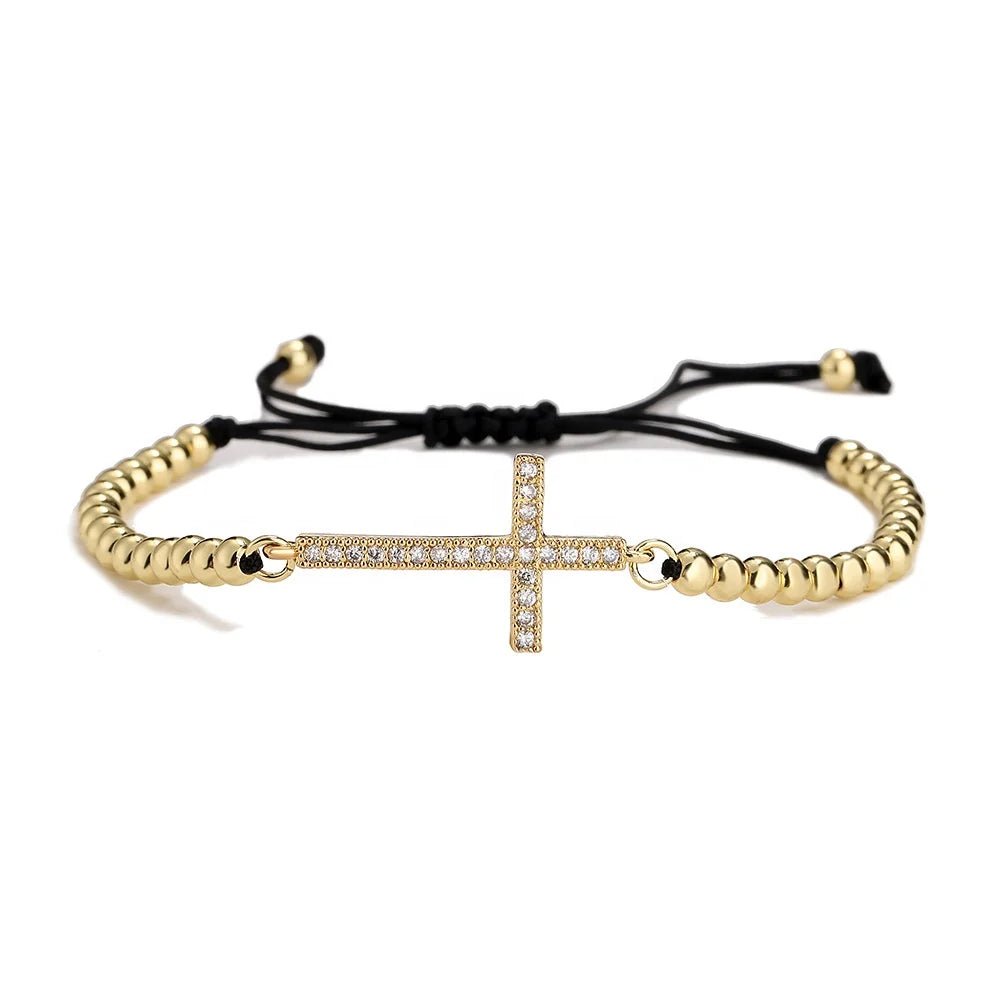 Vintage Fashion Handmade Gold Copper Mirco CZ Zircon Crystal Cross Charm Adjustable Bracelet for Women Jewelry