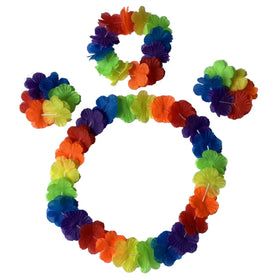 Rainbow Hawaiian Leis Hula Dance Garland Artificial Flowers Neck Loops Tropical Luau Flower Necklaces Bracelets Headband Set