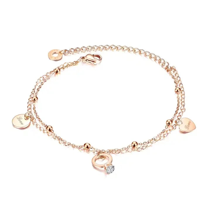 Hot Selling Jewelry Exquisite Chain Stainless Steel Heart CZ Pendant Charm Fashion Simple Double Layer Bracelet for Women 1120