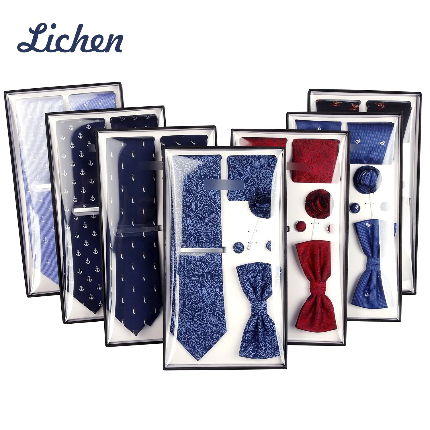 Men's Ties Set Paisley Bowtie Necktie Includes 8pcs Tie Clip Cuff Links Brooch Pocket Square for Party Wedding Gift Set