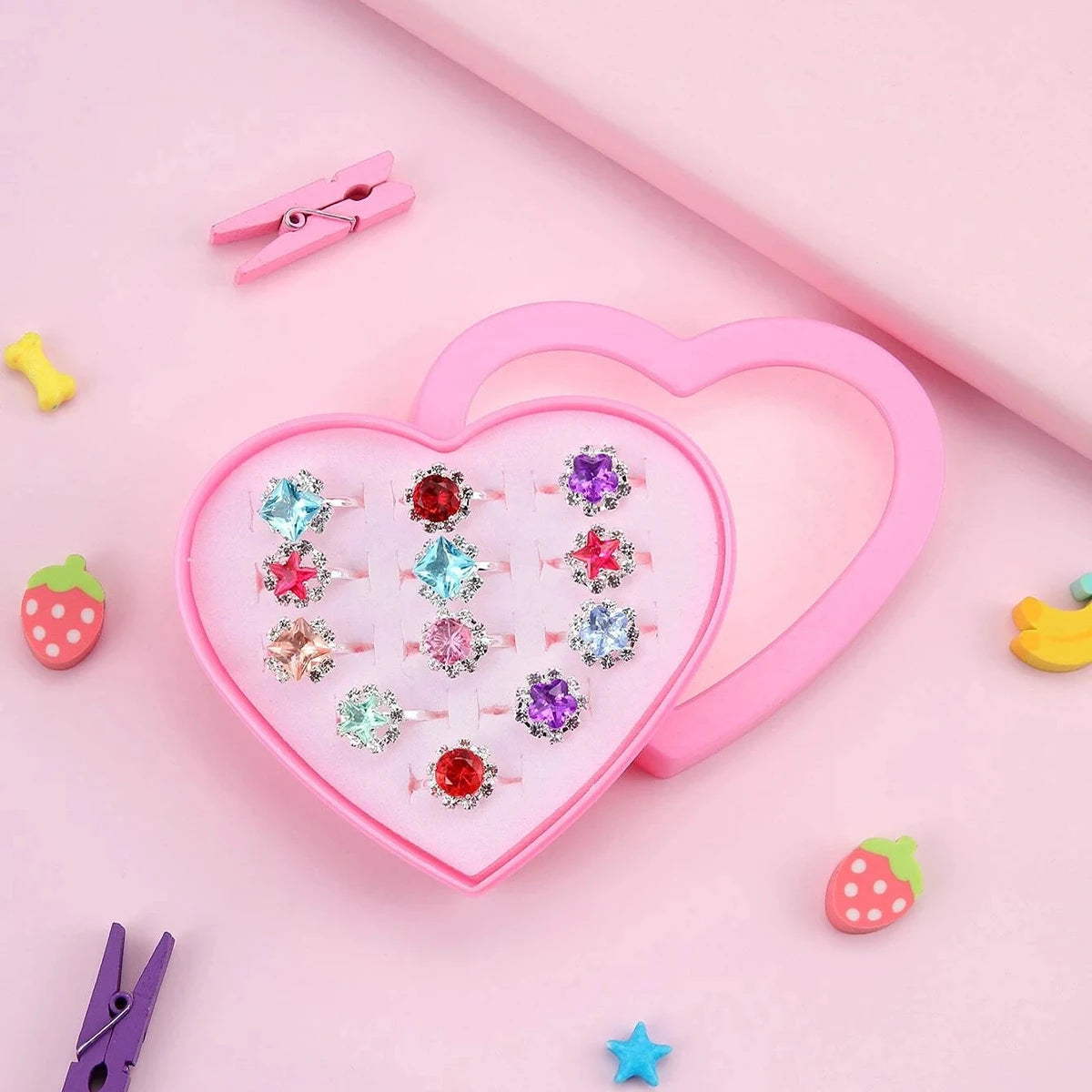 CN 12Pcs Crystal Rhinestone Kids Ring Set Girls Flower Diamond Rings Simple Adjustable Rings for Children