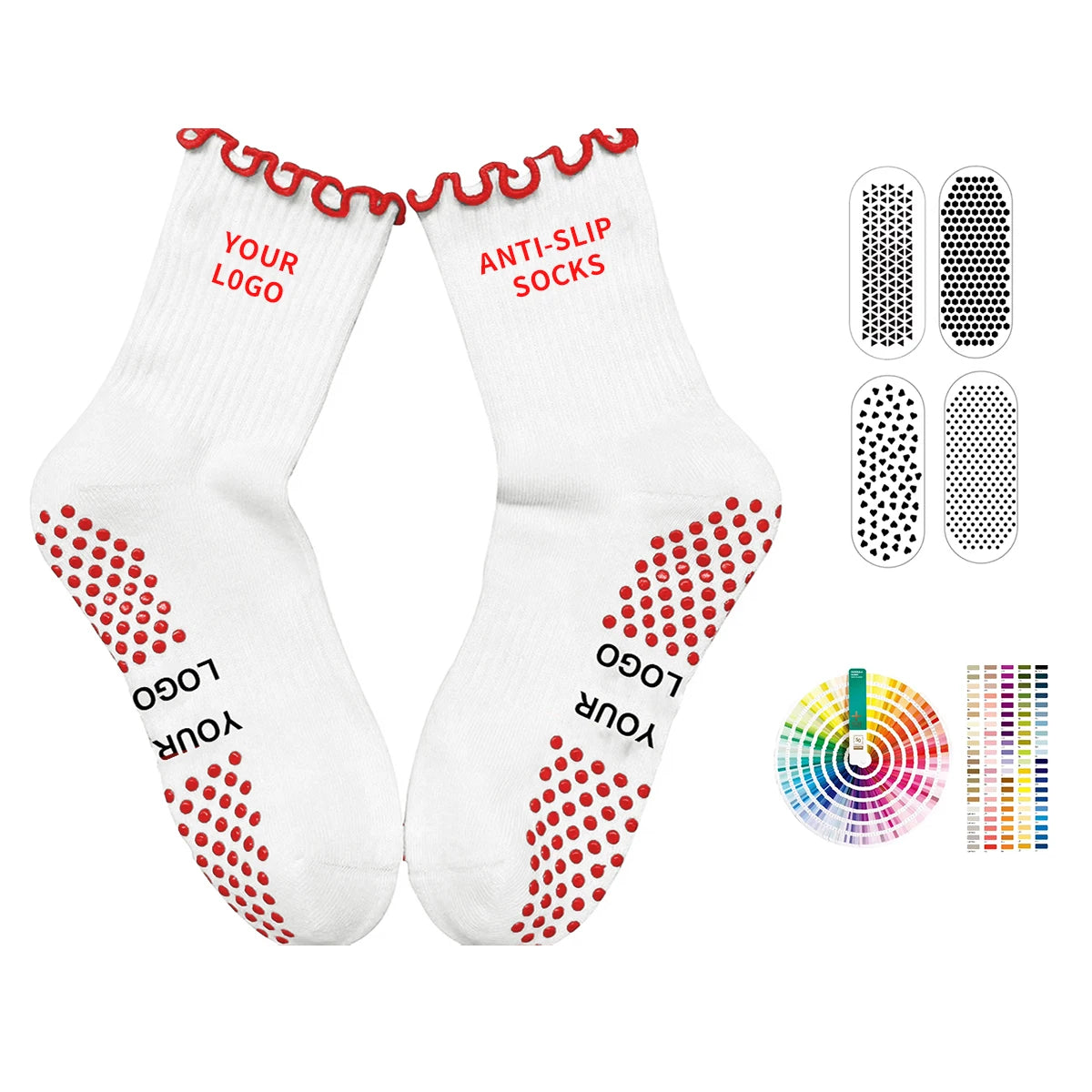 OEM Custom Thin Cotton Pilates Women's Anti-Slip Grip Socks Crew High Non-Slip Yoga Ruffle Design Embroidered Logo Spring Season