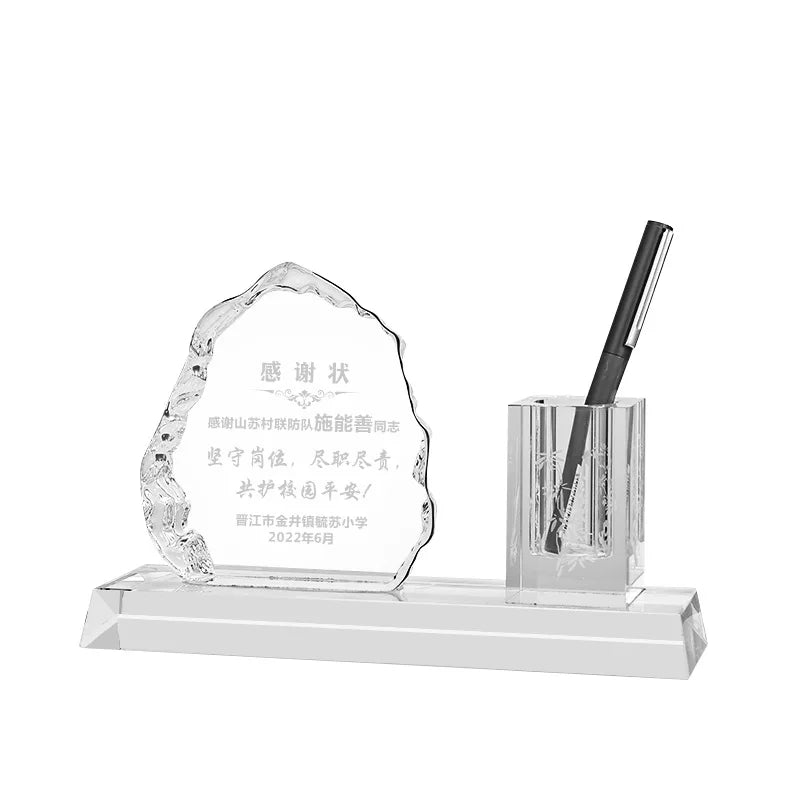 Modern Hexagon Carved Etched Crystal Glass Office Decoration Business Gifts Pen Holder
