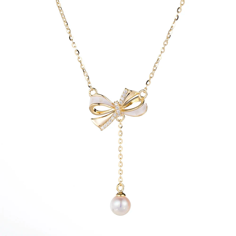High Quality Custom Freshwater Pearl 925 Sterling Silver Zircon Gold Plated Pearl Chain Butterfly Necklace for Women