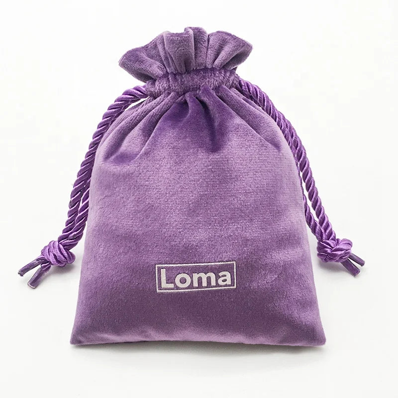 Custom White Logo Printed Romantic All Purple Gift Velvet Drawstring Pouch Cosmetic Jewelry Bag With Polyester Twisted Rope