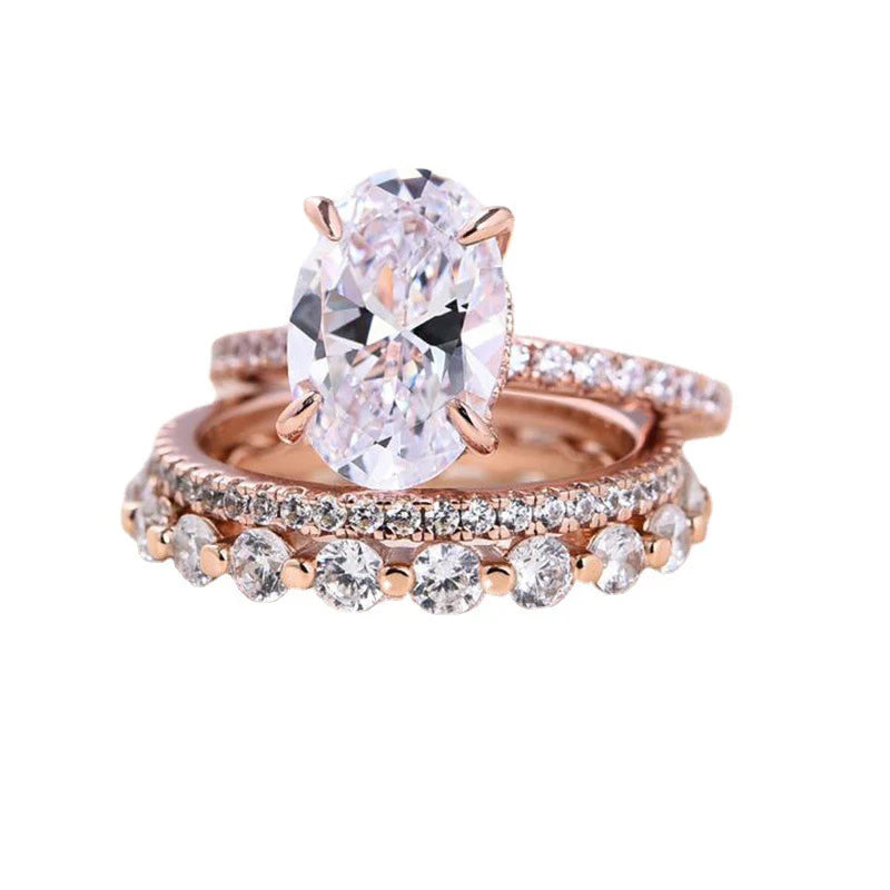 Three-Pieces Classic Rose Gold Plated 925 Sterling Silver Wedding Jewelry Rings Set 8A Oval Cut Zircon Full Eternity Band