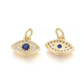 PandaHall 10 Pcs Eye Real 18k Gold Plated Blue & Brass Pave Cubic Zirconia Charms