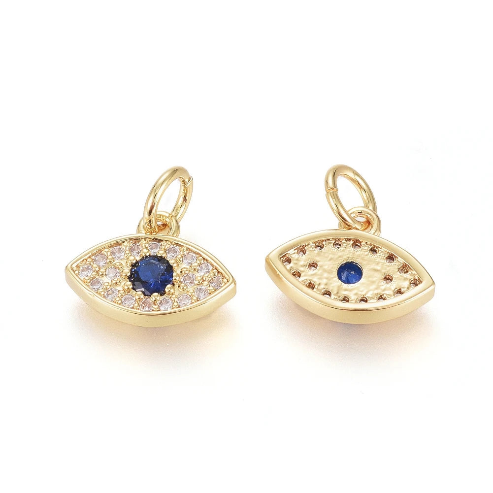 PandaHall 10 Pcs Eye Real 18k Gold Plated Blue & Brass Pave Cubic Zirconia Charms