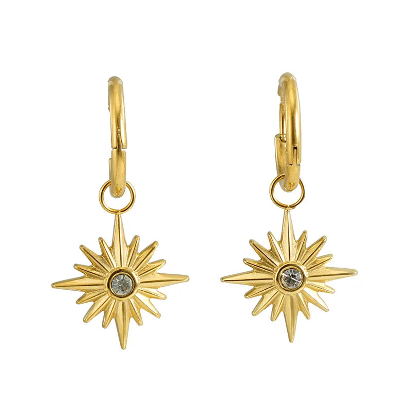Fine Stainless Steel CZ Stone Diamond Encrusted Eight-pointed Star Earrings Pendant Steel 18K Gold Drop Earrings for Women