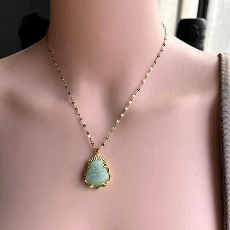 Fashion Jewelry Fine Buddhism Stainless Steel Vintage Jade Buddha Necklace 18K Gold Jewelry Colorless Collar Necklace