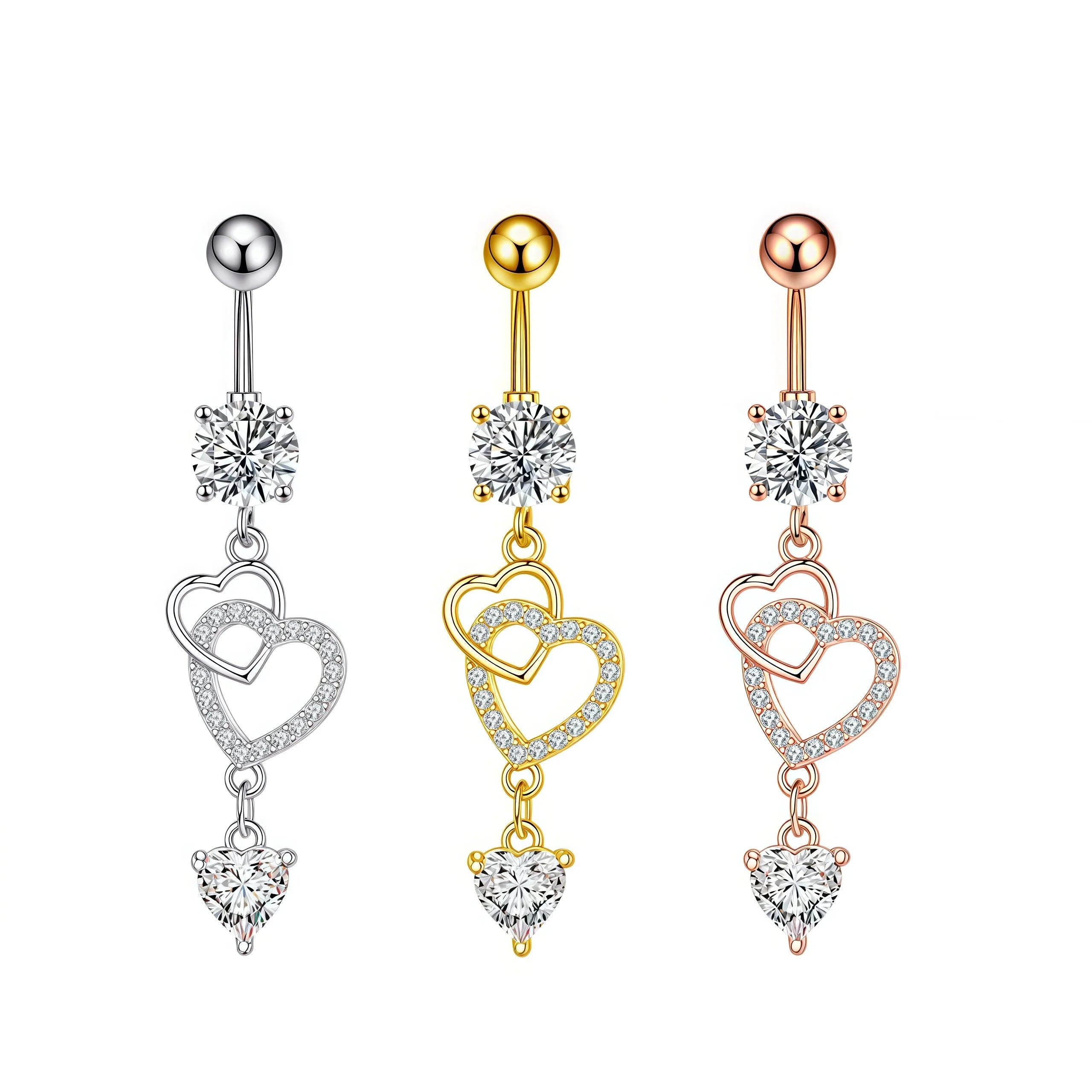 Romantic Double Hearts Design Belly Piercing Crystal Heart Belly Button Rings Stainless Steel Navel Piercing Jewelry for Women