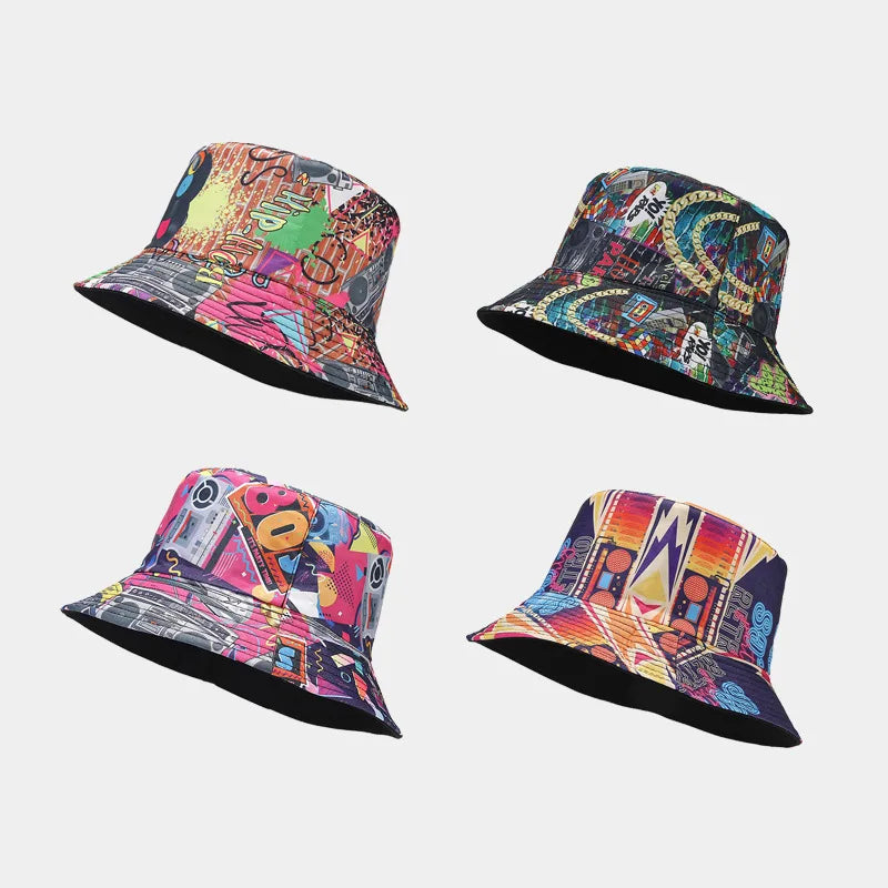New Graffiti Men Classic Tape Pattern Double Sided Wearing Bucket Hat With logo Women Outdoor Sun Visor Character Bucket Hats
