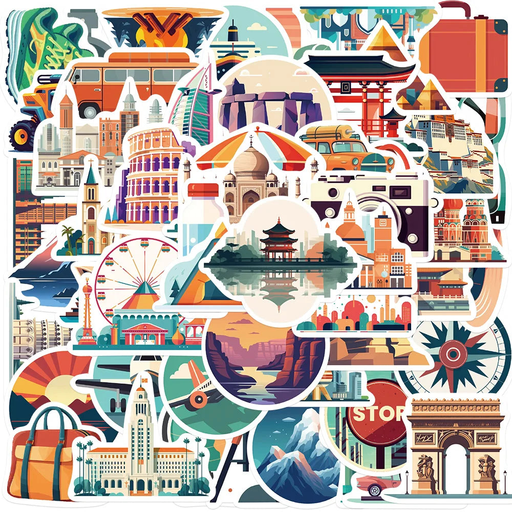 65Pcs Cartoon World Cities Travel Graffiti Stickers for Suitcase Laptop Bottle Vinyl Famous Attractions Sticker