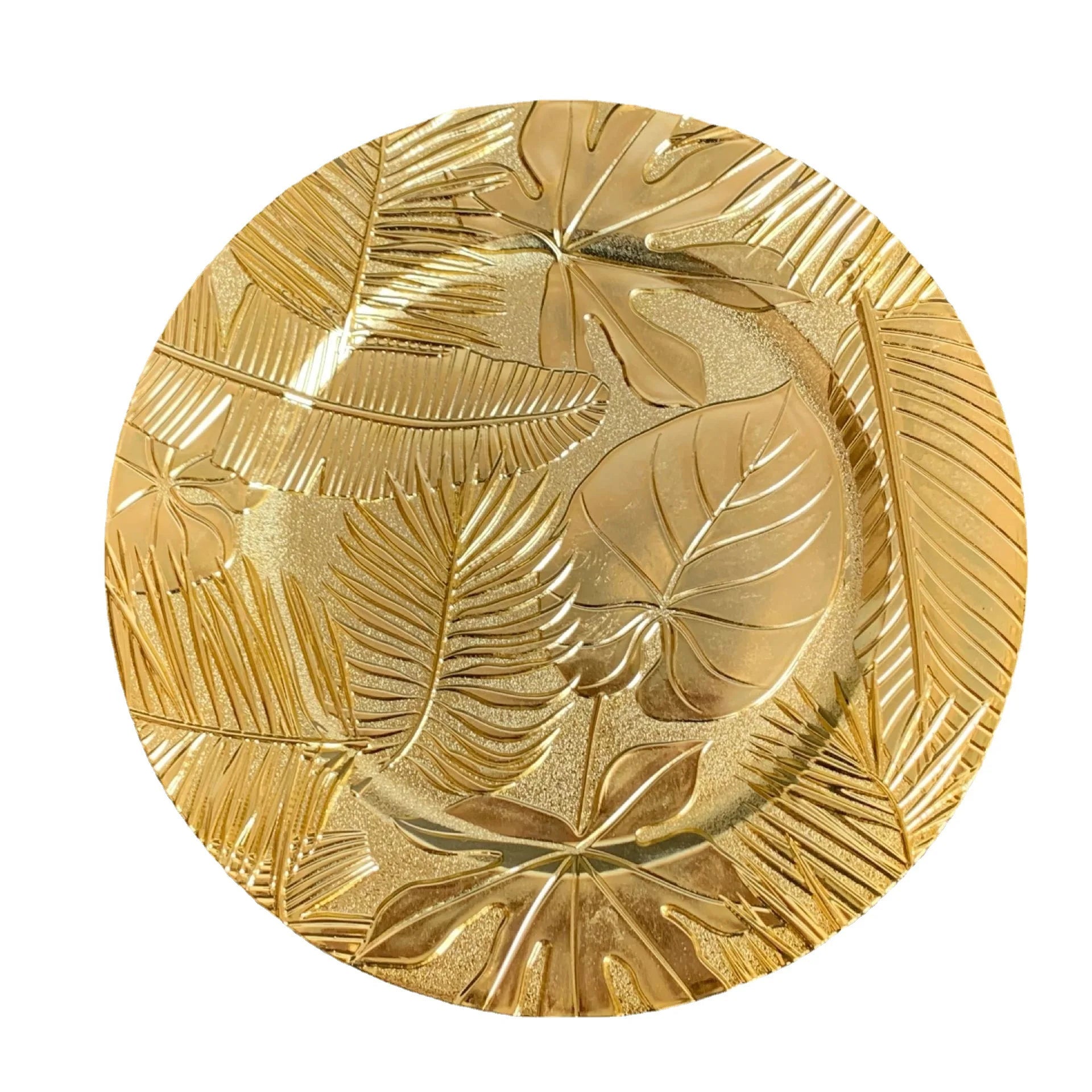 Modern Decorative Leaf Pattern Embossed 13" Round Gold Silver Plastic Charger Plates for Home  and Hotel