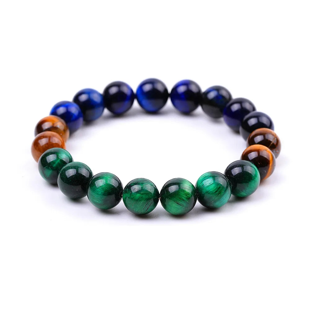 10mm Natural Tiger Eye Stone Yellow Blue Green Bead Peacock Feathers Same Color Fashion Charm Bracelet  for Men Women