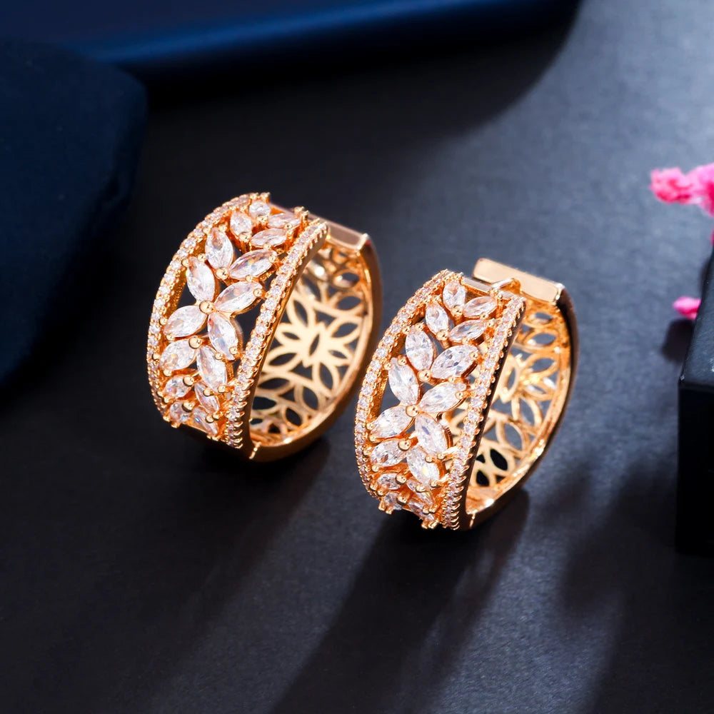 Sparkly Cubic Zircon Crystal Pave Flower Leaf Shape African Gold Plated CZ Round Hoop Earrings for Women Jewelry