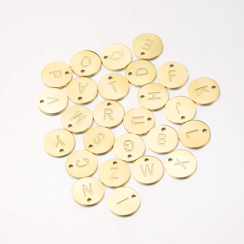 12mm Stainless Steel Circle Corrosion 26 English Letter Pendant With Single Hole Necklace Bracelet Making Jewelry Accessories