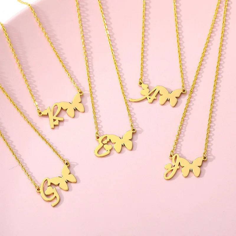 2021 Gold Stainless Steel Custom Alfabeto Letter Initial Letter Butterfly Necklace Collar De Mariposa