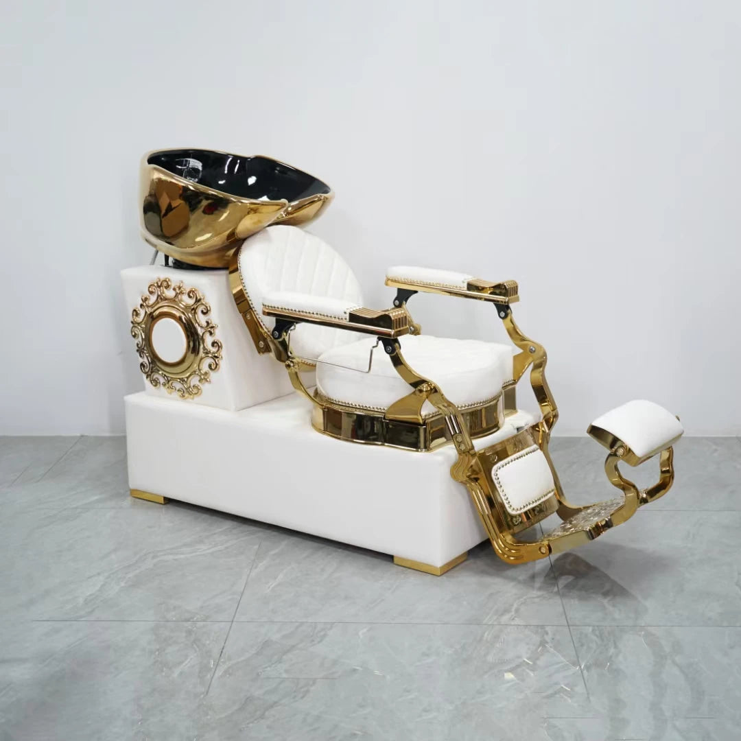 Metal Stainless Steel Gold Shampoo Bed Semi-reclining Shampoo Chair With Footrest Adjustment for Barber Shop