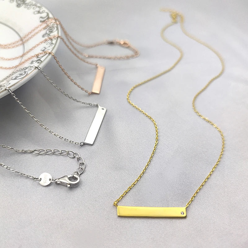 Zircon Blank Plate Bar Pendant Engravable Name 925 Sterling Silver Bar Necklace for Choker Layer Style