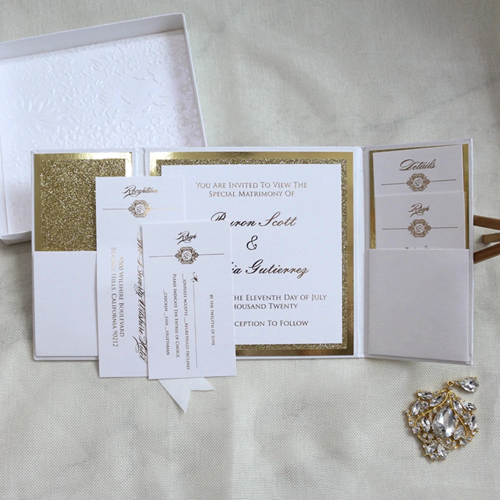 Embossing Hardcover Gate Fold Wedding Invitation with Box and Customized Birthday Invitation Cards Custom Elegant White Invites