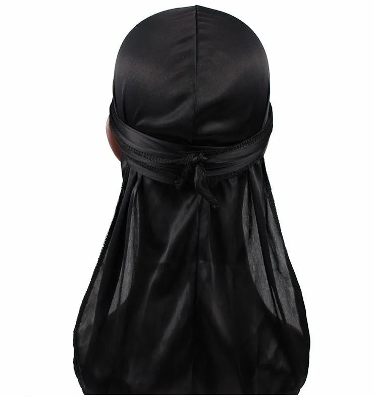 Wholesale Solid Black Designer Durags for Men Women Silk Custom With Logo Du Rags Luxury Long Tail Head Wrap
