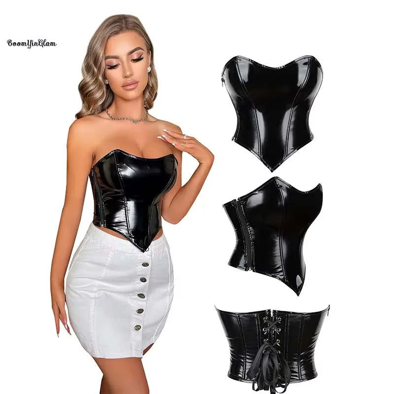 Height 13 Inches Black Women's Steampunk Gothic Corset Top Firm Control Lace Leather with Zipper Plus Size Body Shapewear