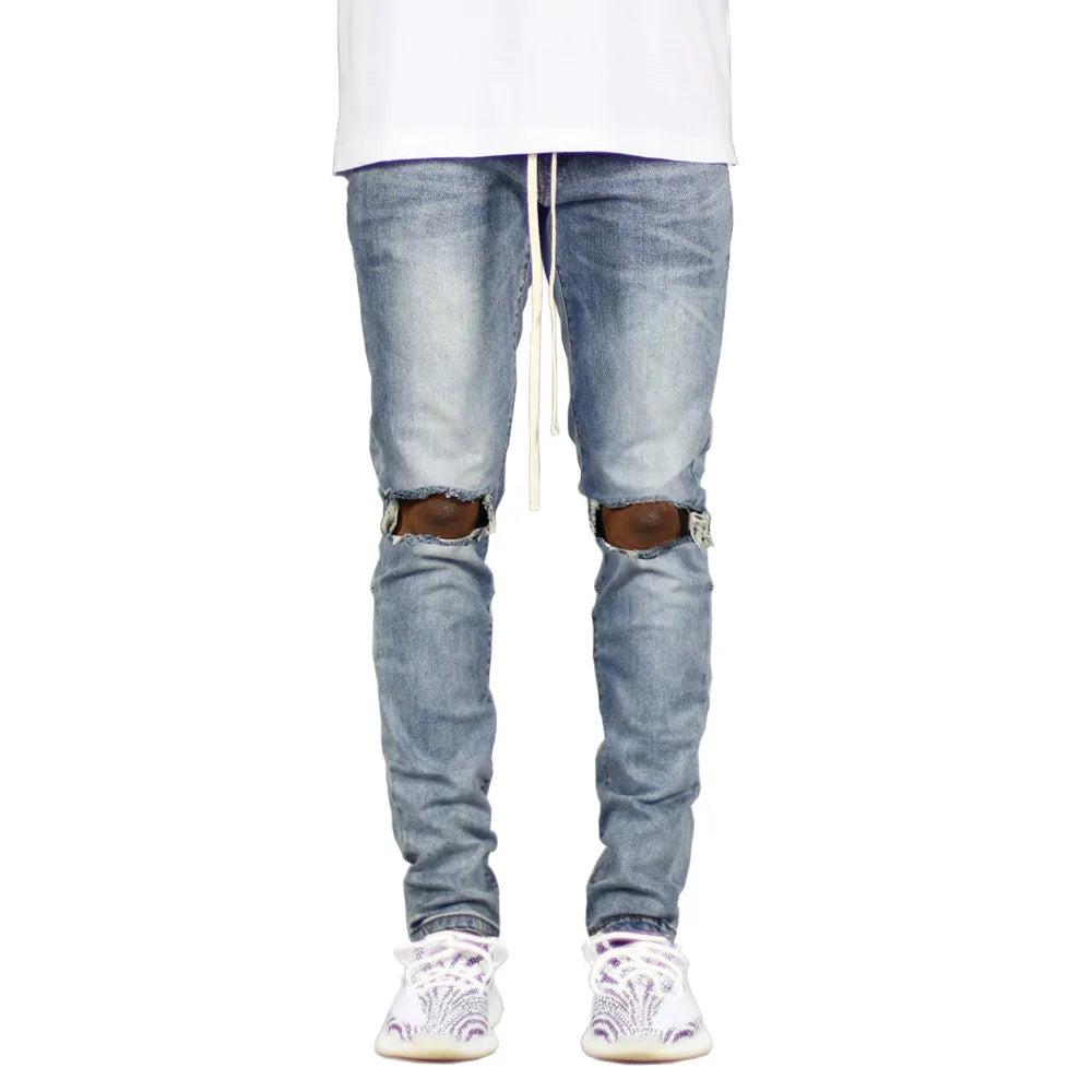 Wholesale Custom Logo Men's Mid Waist Denim Trouser Design Hip Hop Eco-Friendly Fashion Casual Distressed Ripped Hole Straight