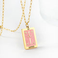 Vintage Stainless Steel Oil Drip Zircon Tarot Square Pendant Necklace Pink Patterns Long Sword Enamel Necklace