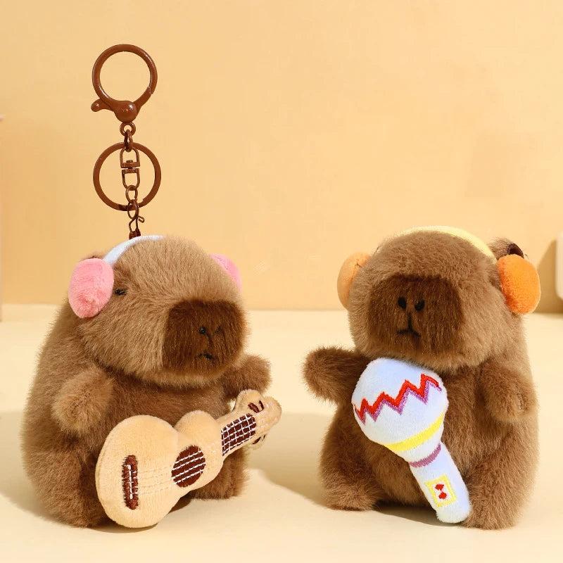 Cute Music Headphone Capybara Plush Charm Keychain Soft Doll Cartoon Fluffy Animal Stuffed Doll Backpack Pendant Accessories