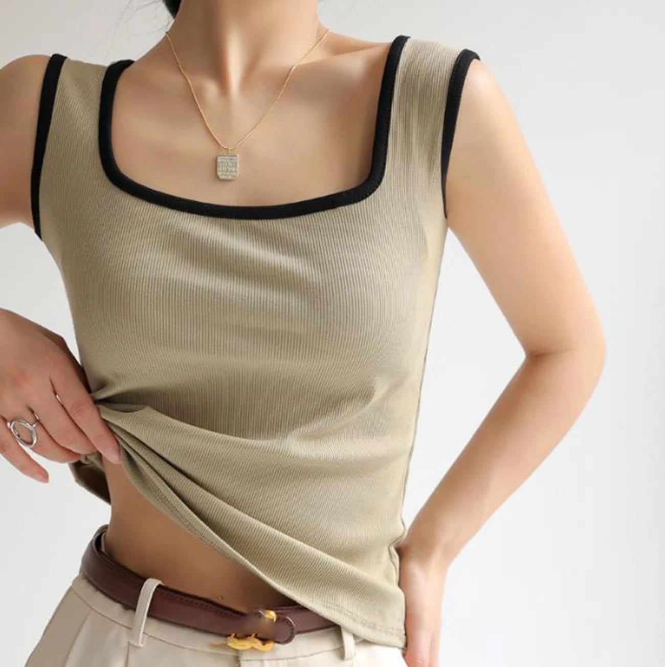 Enyami Sporty Gym S-XL Square Collar Camisole Sleeveless Knitted Backless Vests Patchwork Women Tank Top