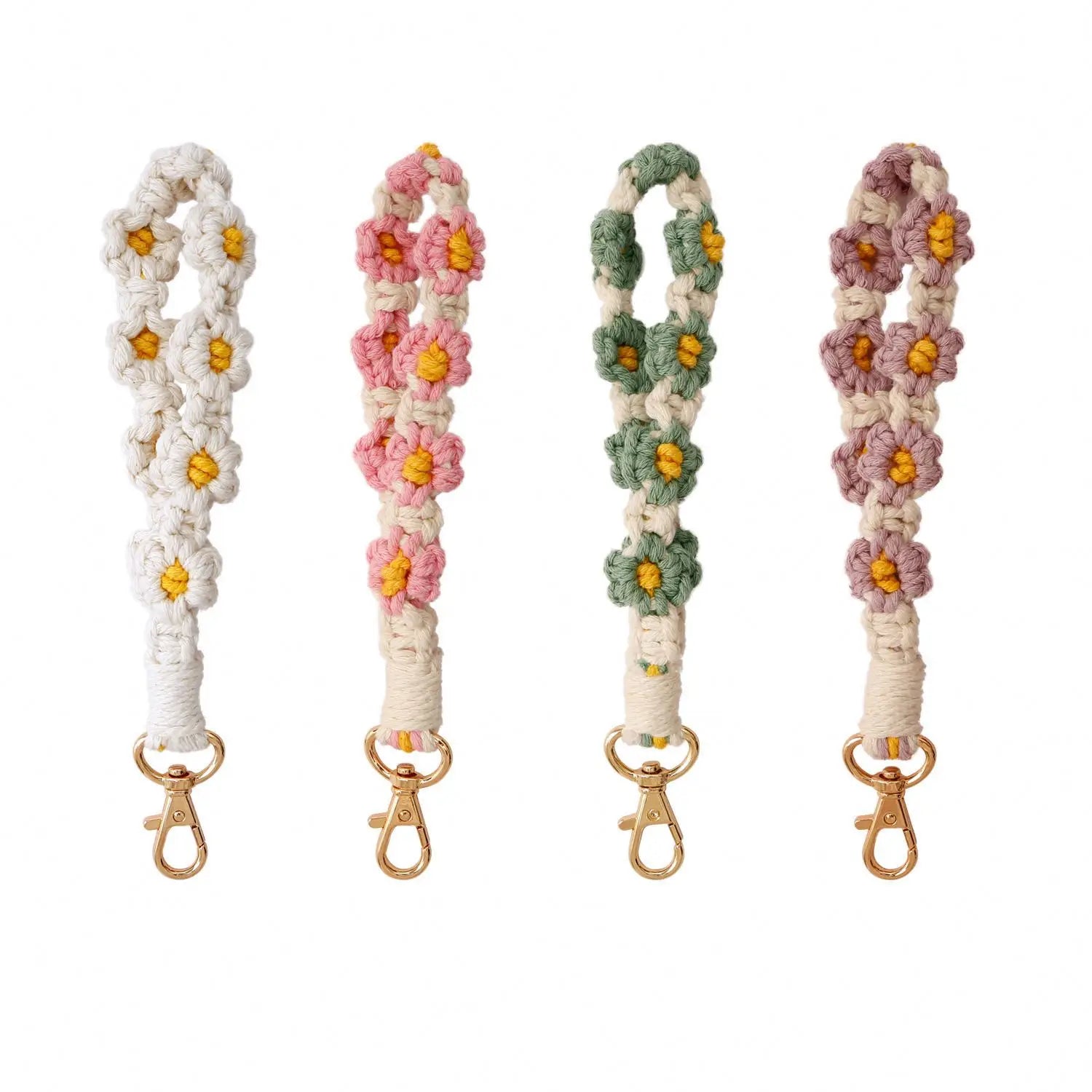 Wrist Lanyard Keys Cute Flower KeyChain for Women Keyring Holder Handmade Boho Macrame Keychain Weave Bracelet Wristlet Keychain