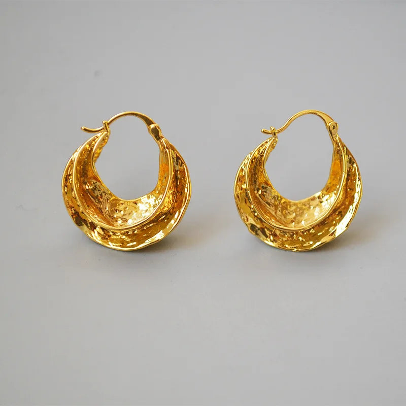 Textured Hoop Earrings French Style Vintage Gold Plating Irregular Twist Crescent Huggie Earrings