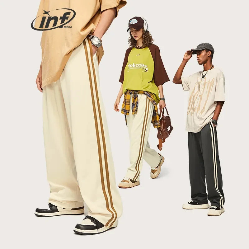 Custom Logo Print Stripe Woven Tape Trousers Drawstring Casual Straight Flare Sweat Pants Men