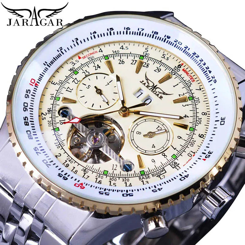 JARAGAR JAR034 Flying Series Golden Bezel Scale Dial Design Stainless Steel Mens Watch Top Luxury Automatic Mechanical Clock