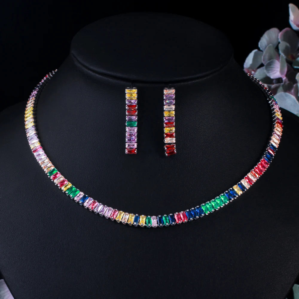 Fashion Multicolor Baguette Cut Cubic Zirconia Pave Setting 18k Gold Plated Chain Necklace and Earrings Tennis Jewelry Sets