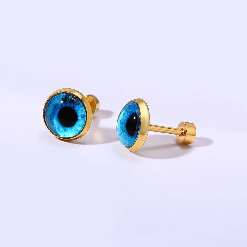 ORDRM Pendientes De Acero Inoxidable 18k Gold Plated Hypoallergenic Jewelry Blue Evil Eye Stud Earrings